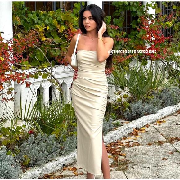 ZARA Blogger Fave Strapless Satin Midi Dress NWT Champagne Beige - Picture 3 of 16